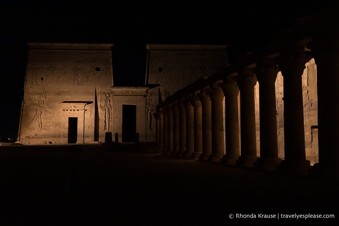 Pylon and colonnade lit up during the Philae Temple Sound and Light Show.