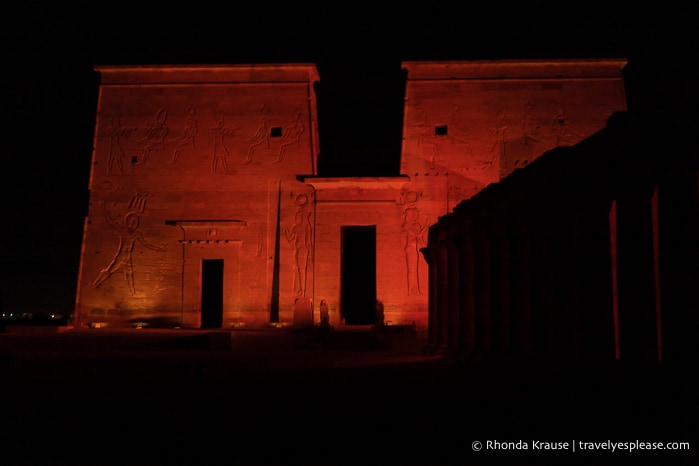 Red light on the pylon of Philae Temple. 
