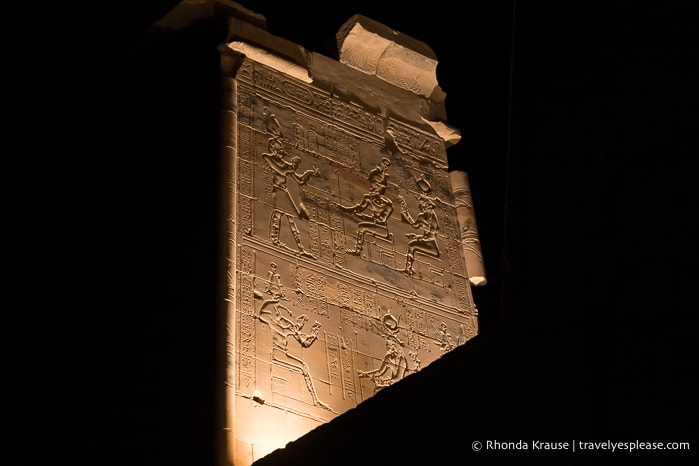 Illuminated carvings on the temple.