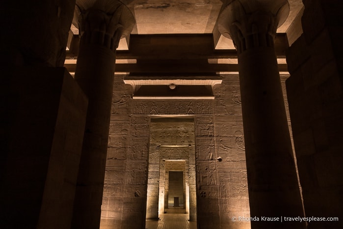 Illuminated hypostyle hall of Philae Temple.