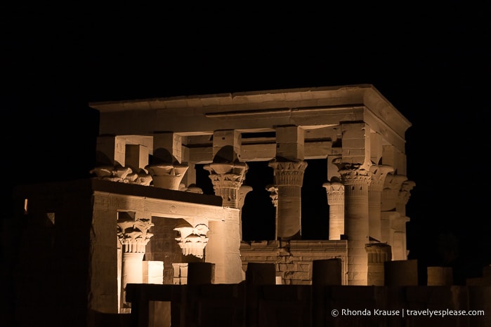 Buildings illuminated during the Philae Temple light show.