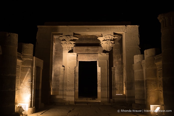 Temple of Hathor lit up during the Philae Temple Sound and Light Show.