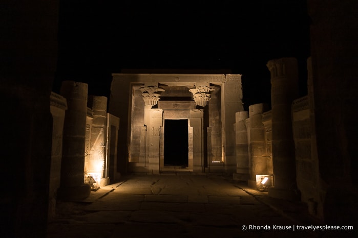 Temple of Hathor lit up during the Philae Temple light show.