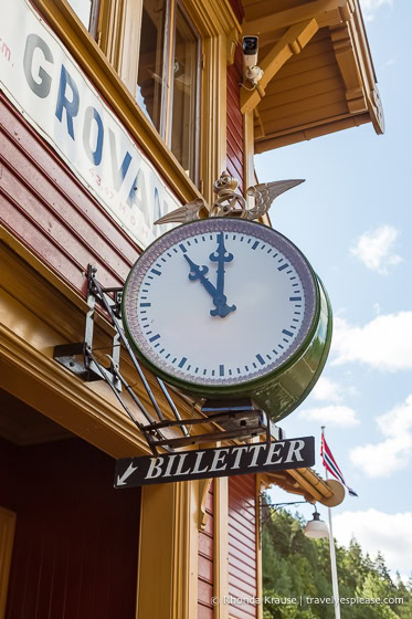 Clock hanging above the door to Grovane Station.