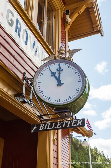 Clock hanging above the door to Grovane Station.