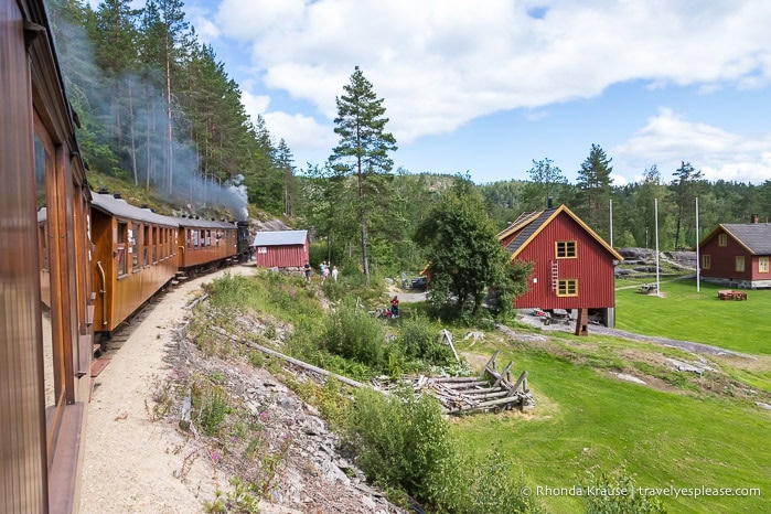 The Setesdal Vintage Railway going past an old farm with red buildings.