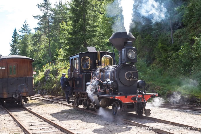 Steam locomotive and passenger carriage on the tracks.