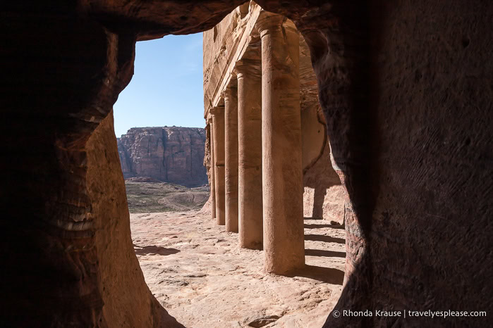 Looking out on the courtyard from inside the Urn Tomb.