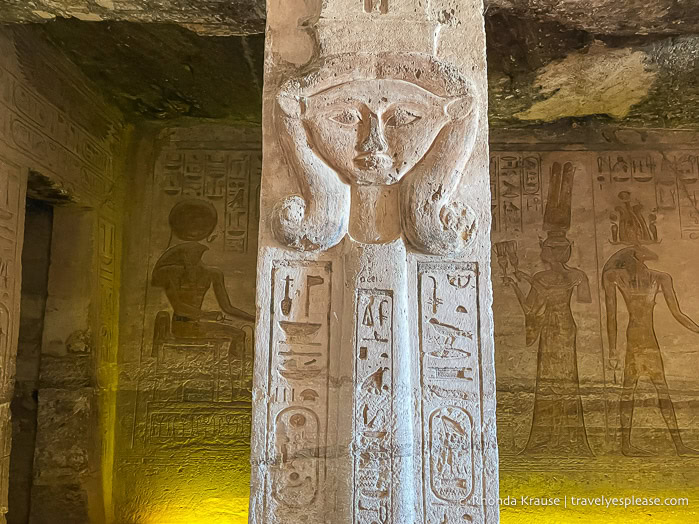 Pillar with the face of Hathor inside the Small Temple at Abu Simbel.
