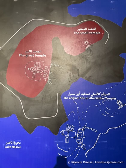 Display showing the original and current sites of the Abu Simbel temples.