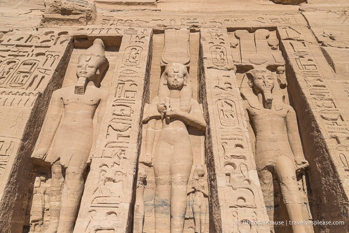 Statues on the facade of the Temple of Hathor and Nefertari at Abu Simbel.