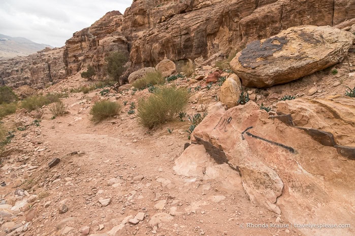 Painted arrow on a rock beside Al-Khubtha Trail.