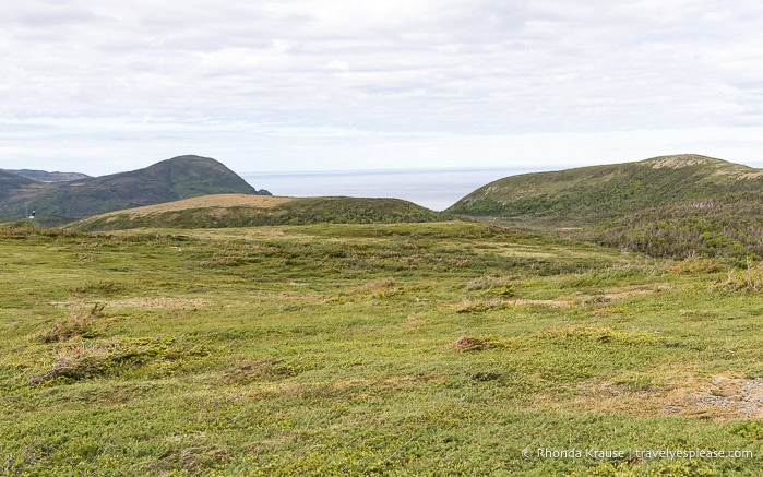Green hills with the sea in the background.