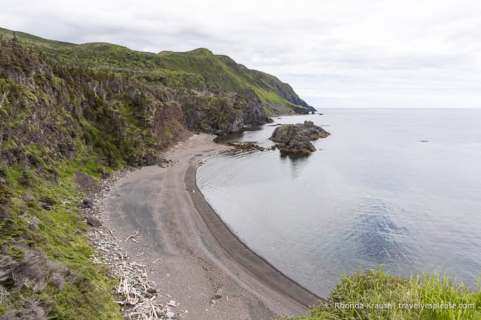 Cliffs, beach, and the Gulf of St. Lawrence.