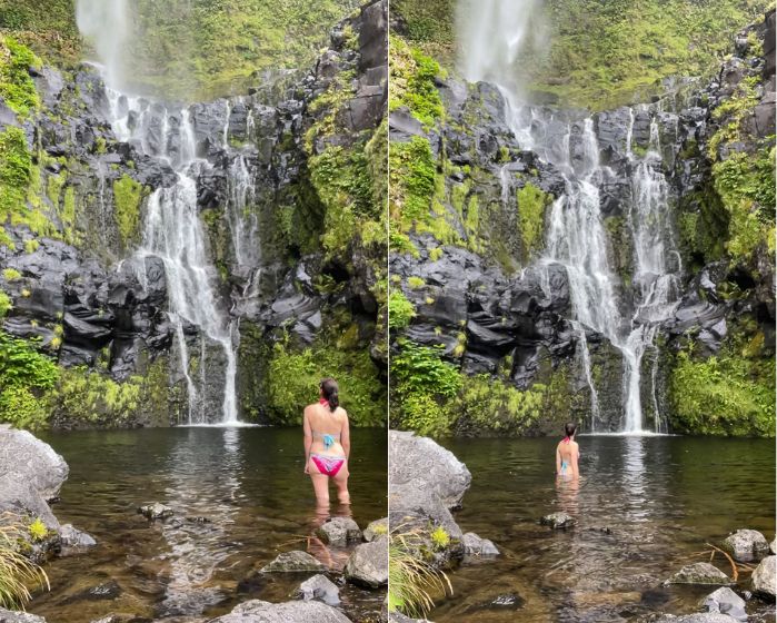Swimming in a pool at the base of a waterfall is one of the fun things to do in the Azores.