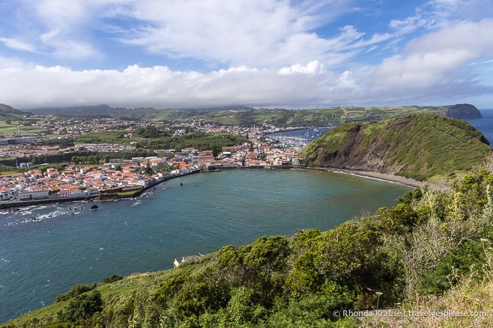 View of Horta, a bay, and Monte Queimado.
