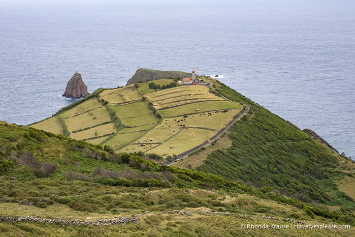 Fields and a lighthouse at Ponta do Carapacho. 
