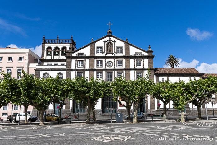 Buildings and trees alongside a city square in Ponta Delgada.  