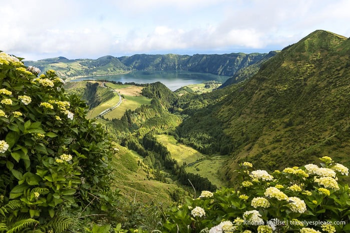 Hills and hydrangeas at Sete Cidades. 