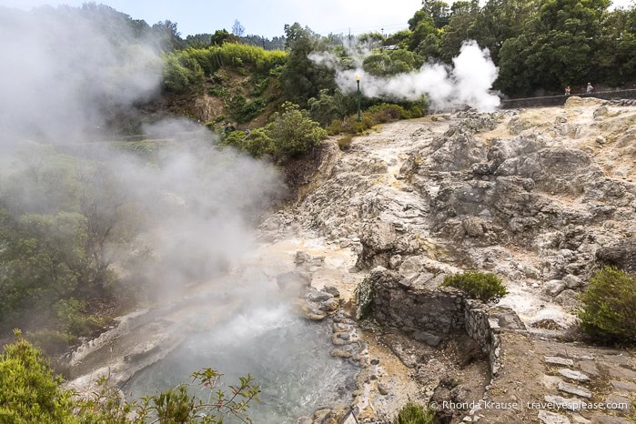 Steaming geysers and fumaroles at Caldeiras Square in Furnas. 