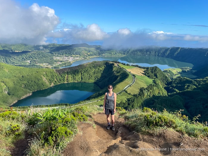 Posing for a photo in front of the Sete Cidades crater lakes. 