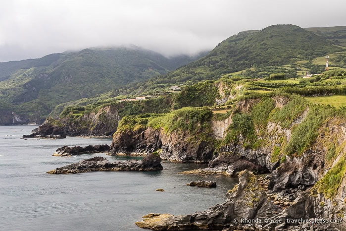Cliffs and hills along the coast of Flores Island. 